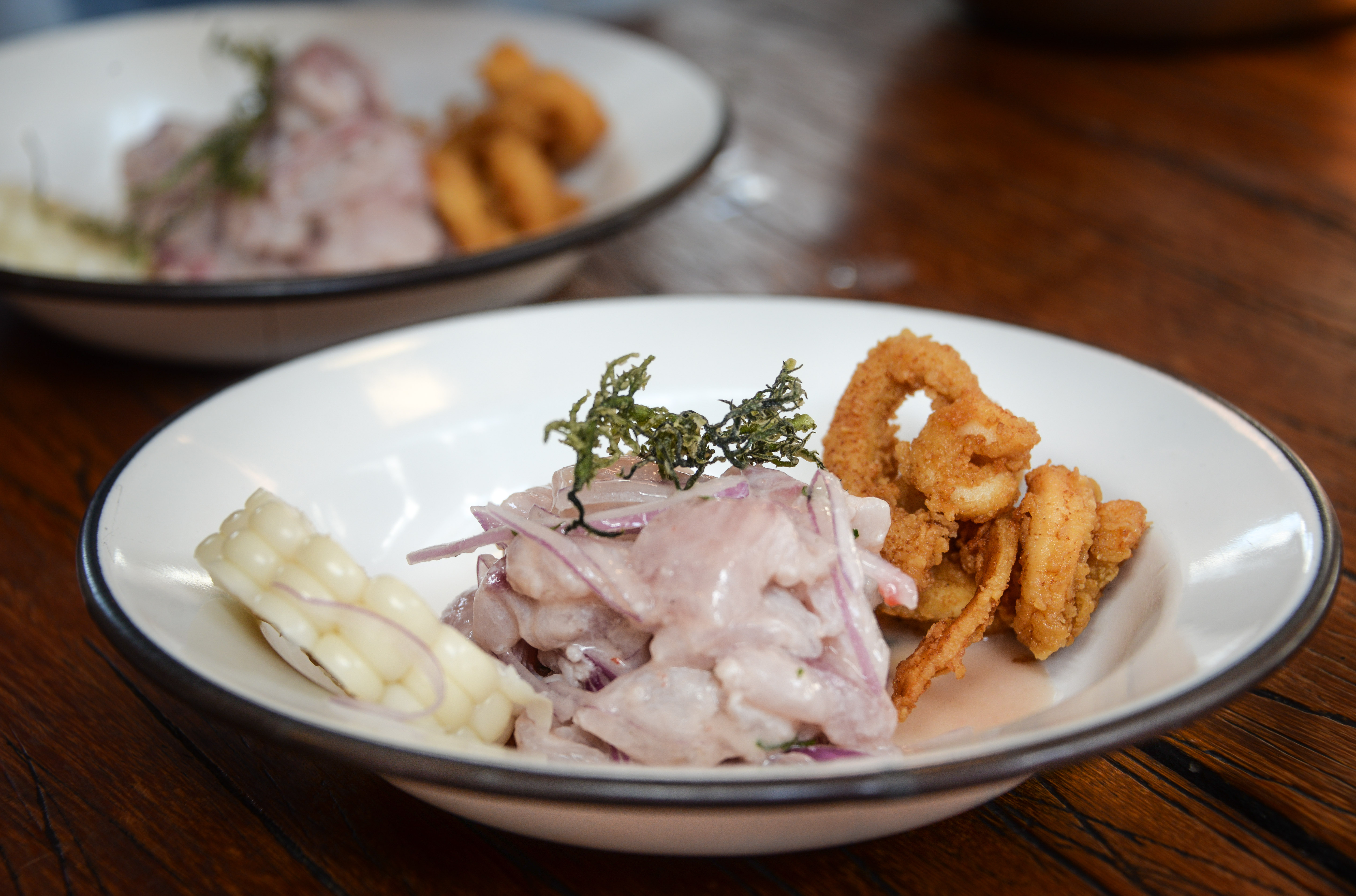 ceviche with sides of calamari and corn