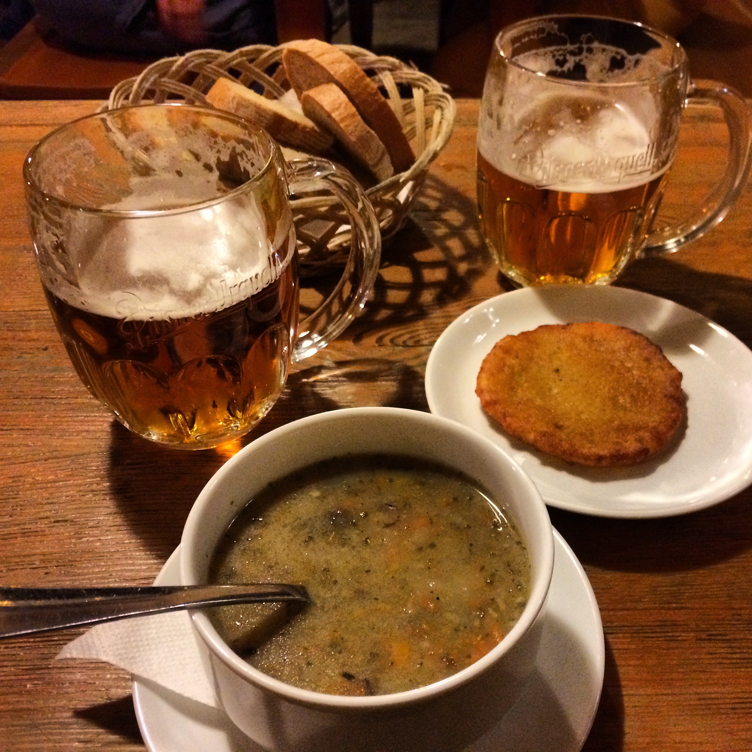 mushroom soup, beer and potato pancakes