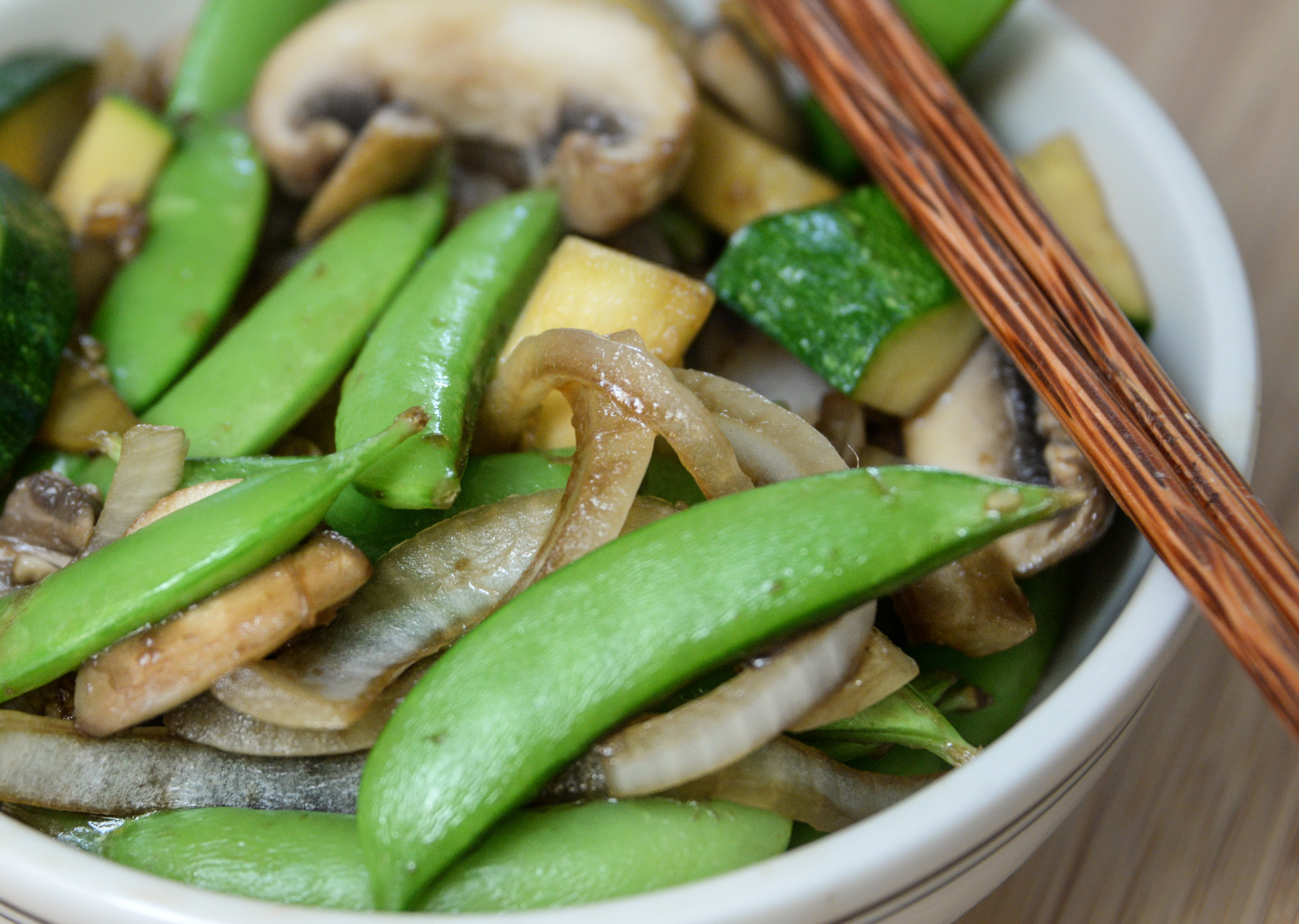 mushroom, pea, onion stir fry