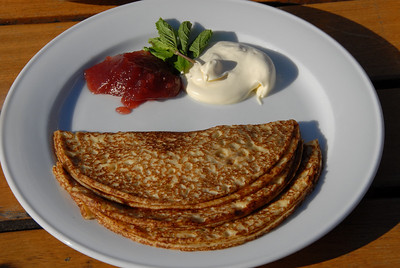 Swedish pancakes with preserves and clotted cream but no pea soup