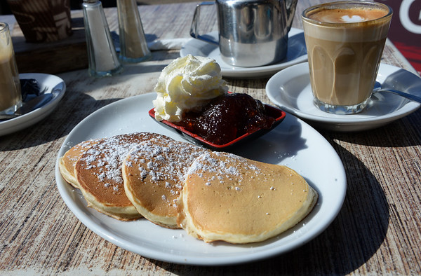 Pikelets, jam and cream for breakfast